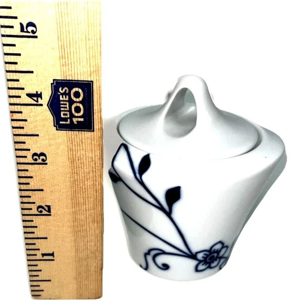 Crate & Barrel Lidded Ceramic Sugar Bowl White Blue Floral Farmhouse Decorative